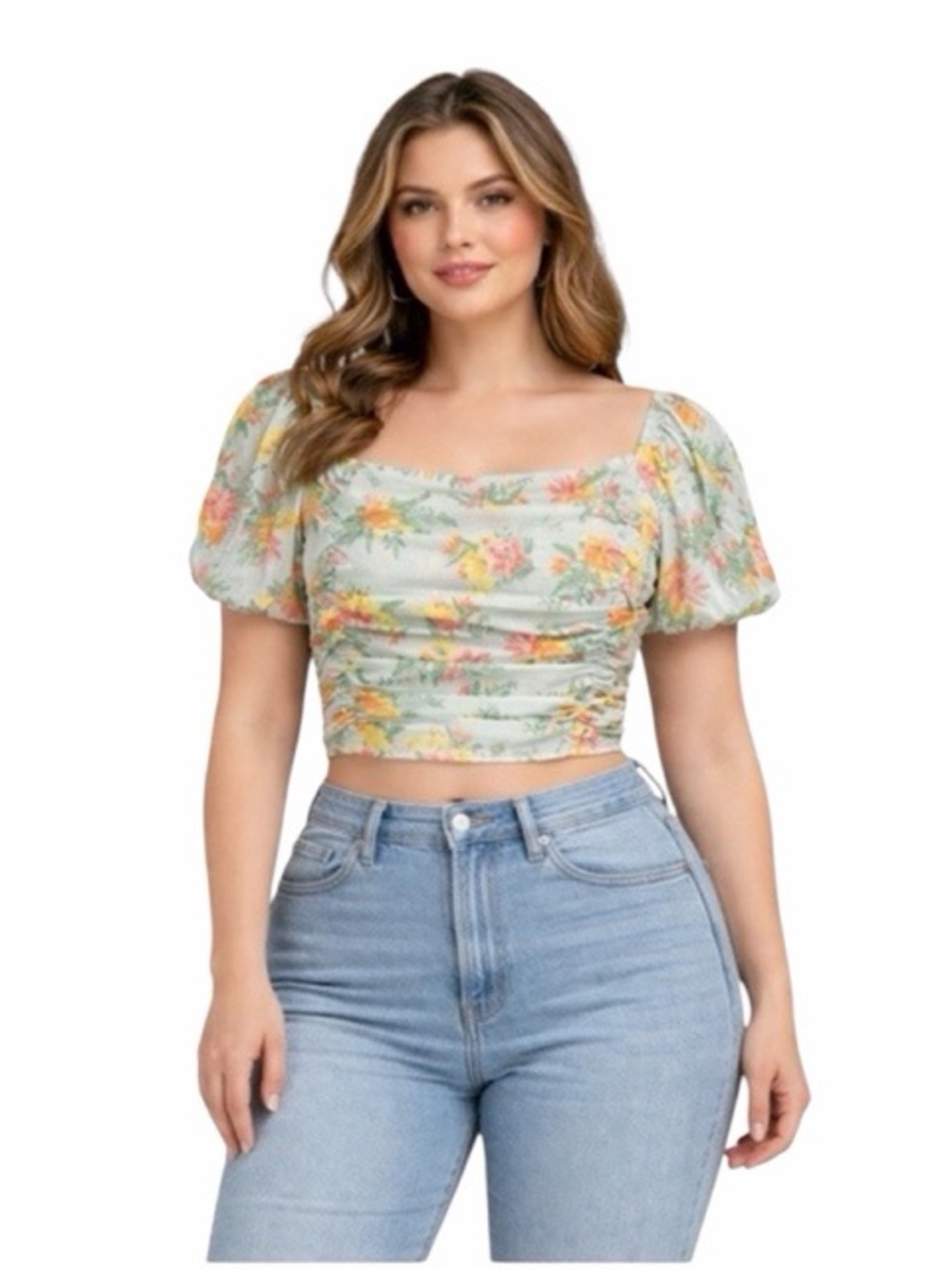 Iky & Me Floral Off‎ The Shoulder Lace Up Back Ruched Crop Top